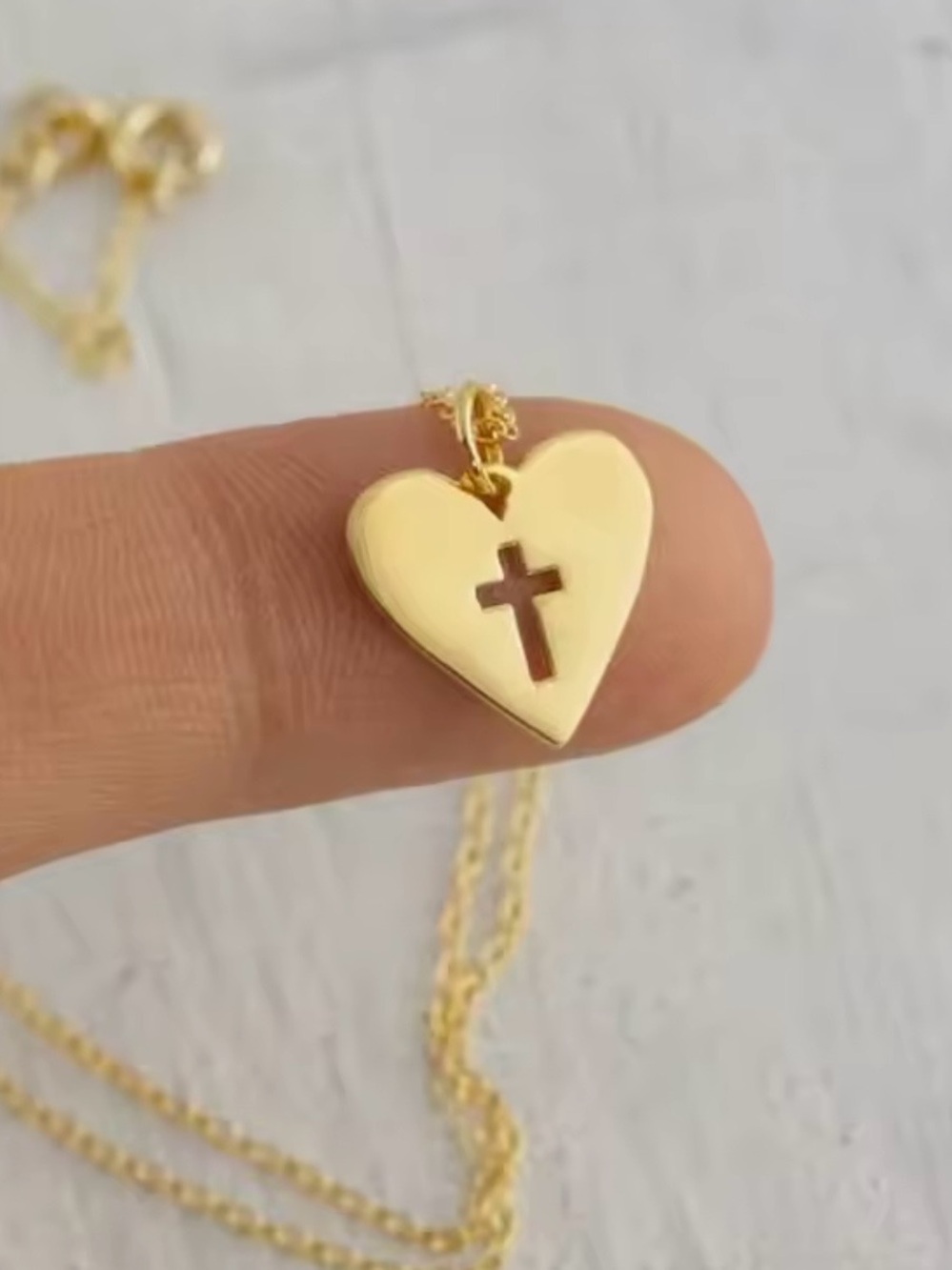 Tiny delicate dainty Heart Pendant Necklace with Cross Cutout